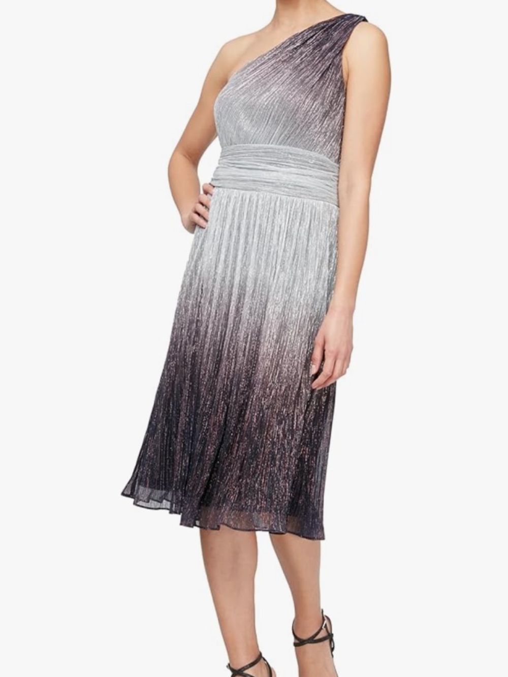 SLNY One-Shoulder Silver to Deep Purple Ombre Elegant Formal Dress
